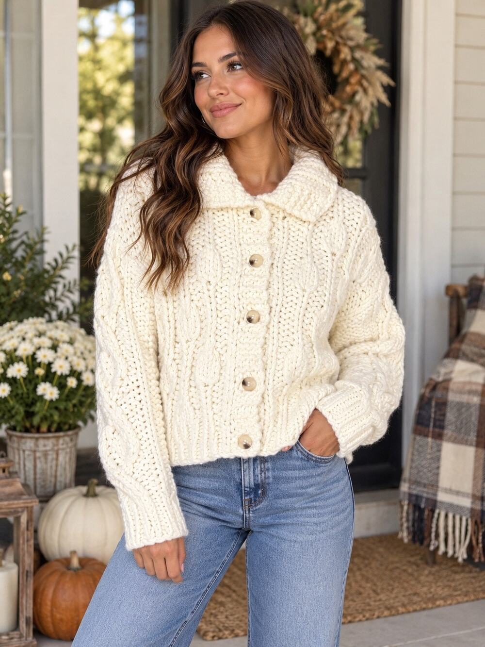 Altar’d State Cream Chunky Cable Knit Button Oversized Cardigan Sweater XS/S